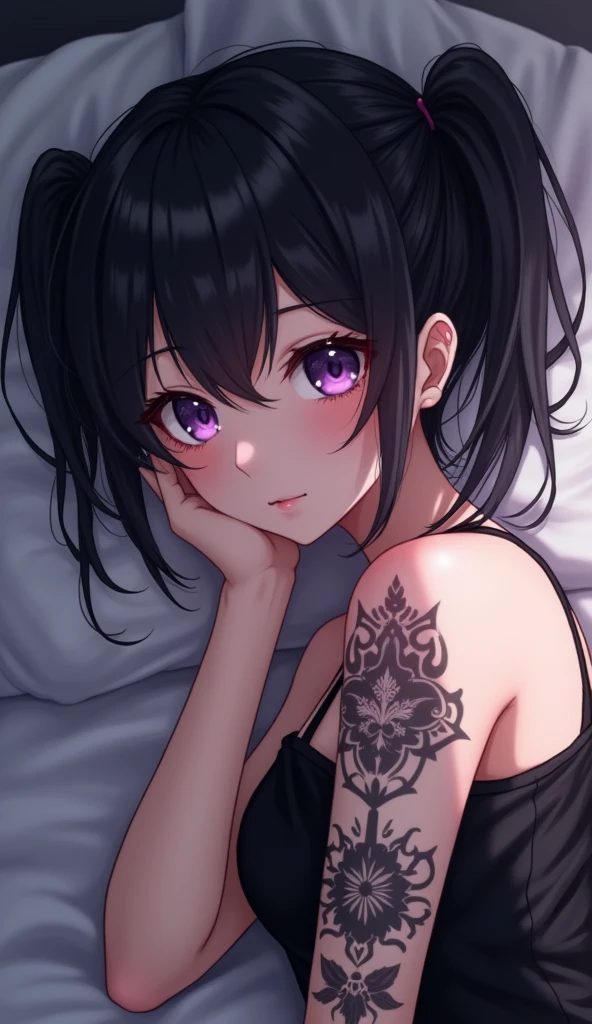 Kimetsu no yaiba from demon slayer , ((naked))(()) lying on the bed, having a sex, black and straigh long o lp long hairstyle, purple eyes