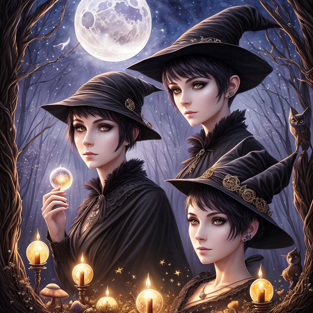 A beautiful witch with amber brown eyes, small slanted eyes, a small mouth, pale skin, a pixie cut shaved black hair, an eyebrow piercing, an ear piercing, gazing into a luminous crystal ball, in a nighttime forest, with an owl nearby, mushrooms scattered on the ground, a black cat, a starry sky with a waning moon, dark composition, dark illuminated, witch aesthetic, watercolor painting, intricate details, high quality, masterpiece, photorealistic, 8k resolution, ultra-detailed