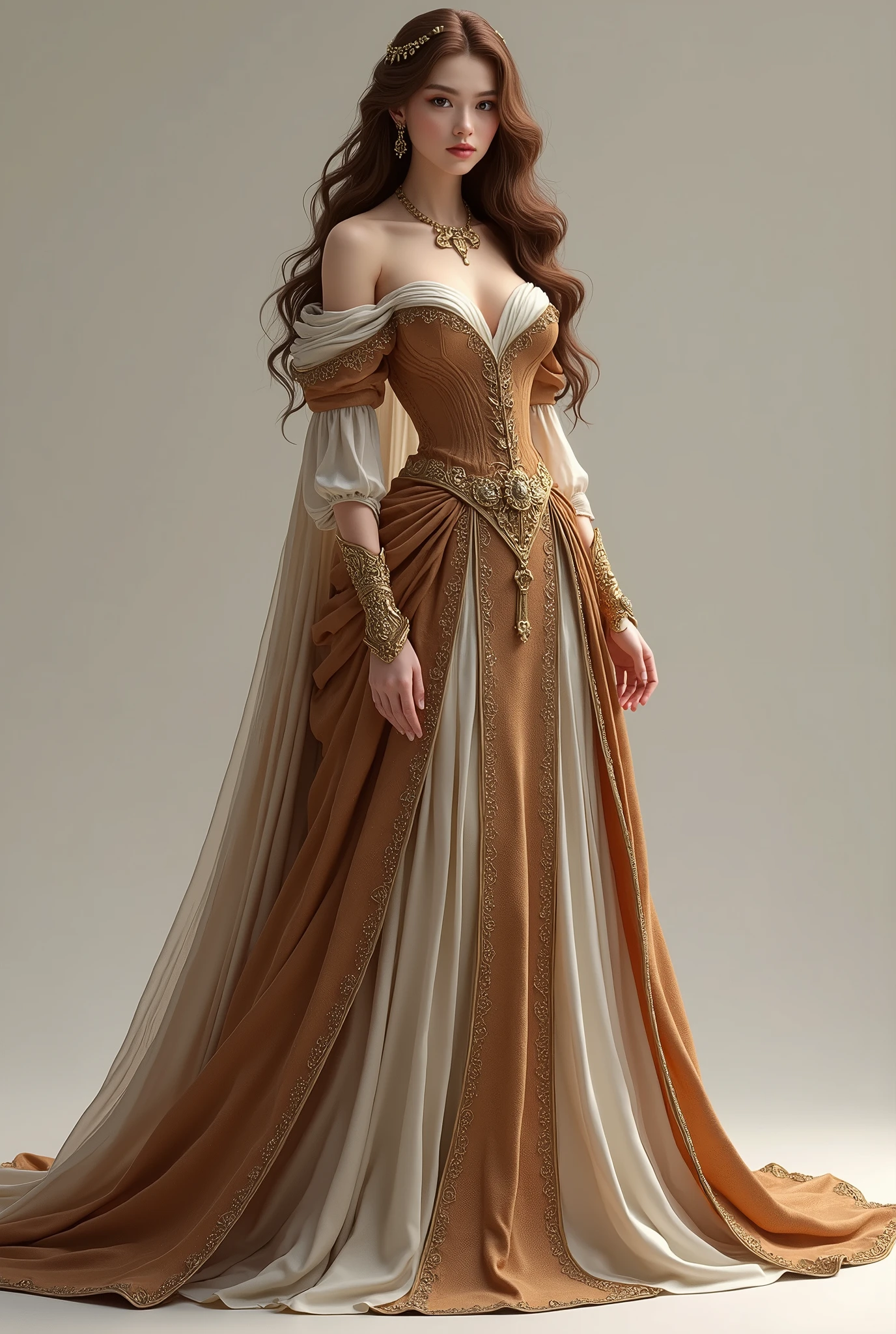 Create a full body image of a female character, with white skin, with long brown wavy hair, in an extremely elegant royal dress of light brown and brown color, with a small scar on the corner of his mouth