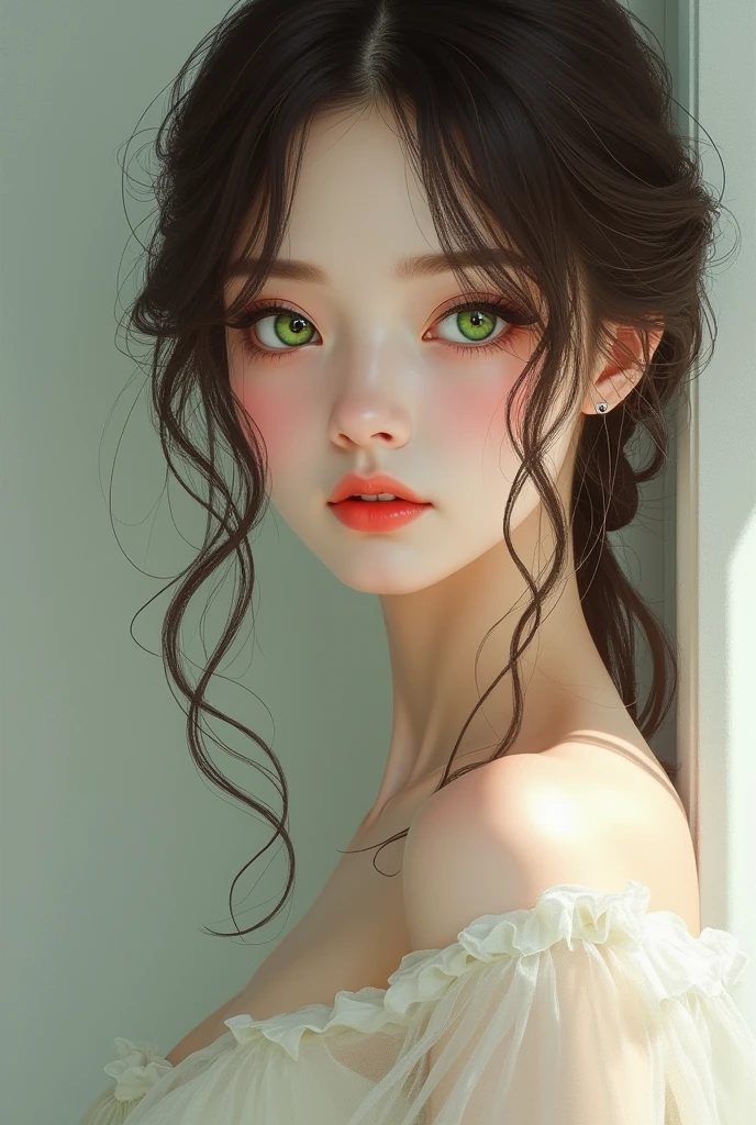 (Japanese woman with green eyes, with wavy brown hair and a slender figure
