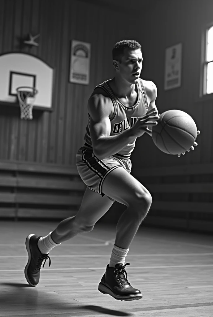 Capture a black and white photograph that embodies the intensity of a 1950s basketball scene. In the foreground, a muscular basketball player is captured mid-action, showcasing a dynamic dribble or a powerful jump shot. He wears vintage basketball shorts with a simple design, a sleeveless jersey, and high-top leather sneakers, typical of the era. His face conveys determination and focus, with sweat glistening under harsh lighting that highlights the details of his athletic build.The background features an old, worn-out gymnasium with wooden bleachers, a faded scoreboard, and a classic, slightly scuffed hardwood floor. The gym’s walls are adorned with vintage basketball posters and banners from past games, adding to the nostalgic atmosphere. Use a DSLR or mirrorless camera with a 50mm f/1.8 lens, set the aperture to f/2.8, the shutter speed to 1/500s, and the ISO to 400 to capture the crisp details and the energetic vibe of the scene.