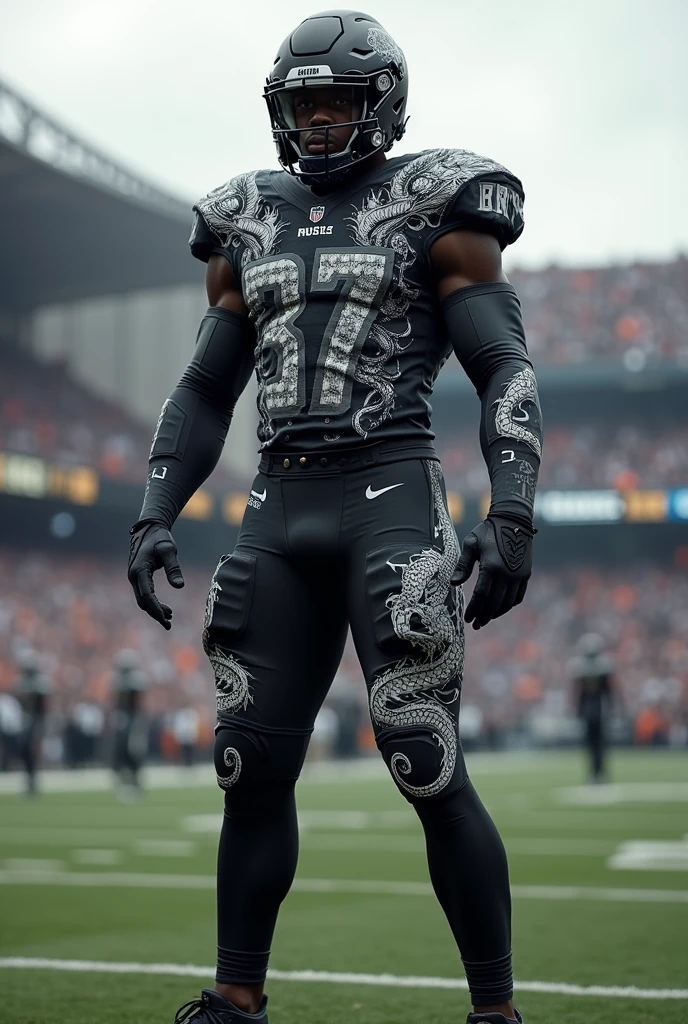 Football uniform that includes the colors black, white and grey and the design has dragons
