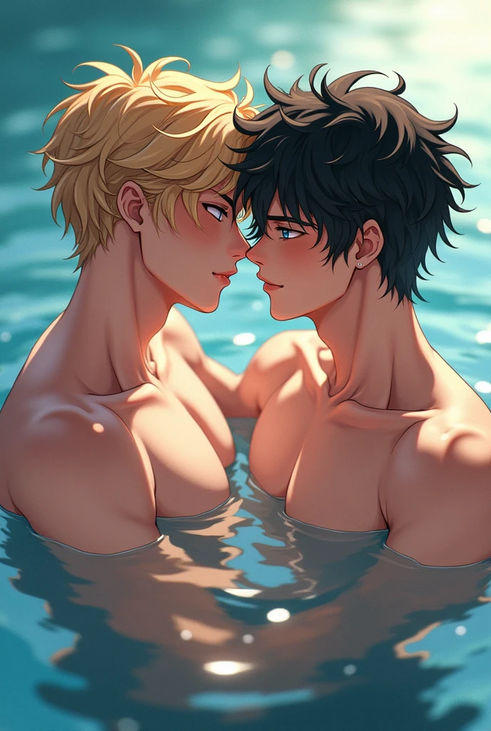 [Bl anime style]
Aleo: Blonde guy, ocean blue eyes.
Julian: Black hair man, Gold eyes, more tall than Aleo, dominant.