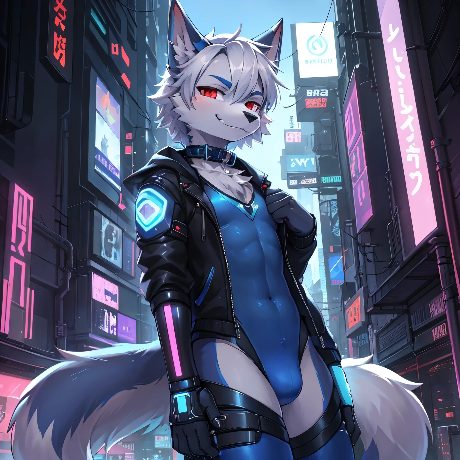 ((masterpiece, best quality)), (anthro furry:1.3, snout:1.2, anthro:1.3, furry:1.2, solo male:1.2, smug smile), Furry, kemono, furry wolf, anthropomorphic, male, silver fur, silver skin, red eyes, femboy, cyberpunk clothes, sexy clothes, revealing clothes, ((blue clothing)), collar, cyberpunk theme, uploaded on e621, Cyberpunk technology. cybernetics,