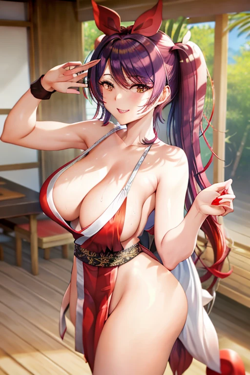 masterpiece, best quality, beautiful art, high resolution, well formed hands, body and fingers, 1 woman, solo, Ruka Sarashina, hair ribbon, red makeup, red lipstick,adult, grown up, cosplaying as Mai Shiranui , mai_shiranui_cosplay, adult, large and big breasted, cleavage, full body , hair ribbon, gorgeous legs and, thighs, sexy Japanese clothes, hair ornament , sexy and bare legs , hips and thighs, panties peek, dancing seductively and erotically, turning backwards and forwards, showing her back and front, shaking her body alluringly, red t back thong, smiling joyfully, sweating ,looking at the viewer, bouncing breasts, sweating, flirting, biting her lips, beach environment