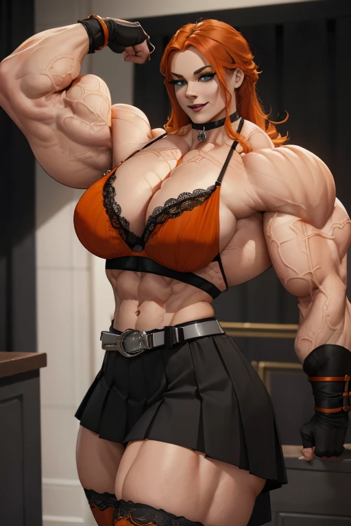 ((Close-up)), tall, (orange hair) beautiful muscular woman, long shaggy hair, pale white skinned, closed smile, (black lipstick), (massive muscles), (hyper muscle), ((ginormous bulky muscles)), green eyes, ((orange lace bra)), (((black long pleated skirt with belt))), (fingerless gloves), Jewel choker, (thigh highs), (flexing bicep), morning in college,