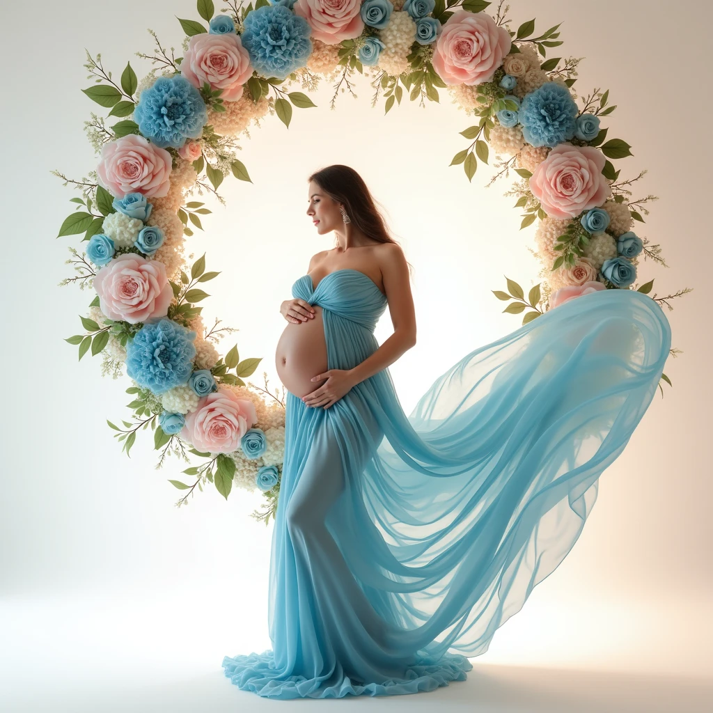 pregnant woman in red dress standing in front of a floral wreath, a colorized photo by Marie Angel, pinterest, art photography, maternal photography 4 k, cyan photographic backdrop, light blue dress portrait, flowing gown, beautiful flowing fabric, blue swirling dress, sky - blue dress, ethereal and dreamy theme, wearing a flowing dress, endless flowing ethereal drapery, gown