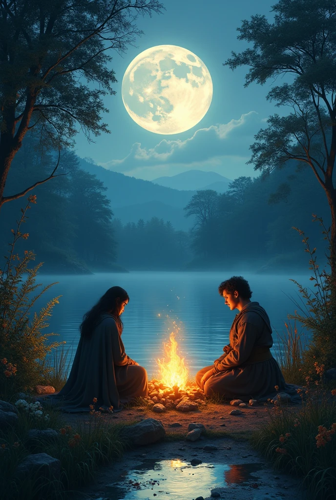 The full moon now illuminates the lake and the garden. 2 people are sitting around an improvised campfire, while the air is filled with the fragrance of night flowers. The atmosphere is intimate and full of mystery. medieval era