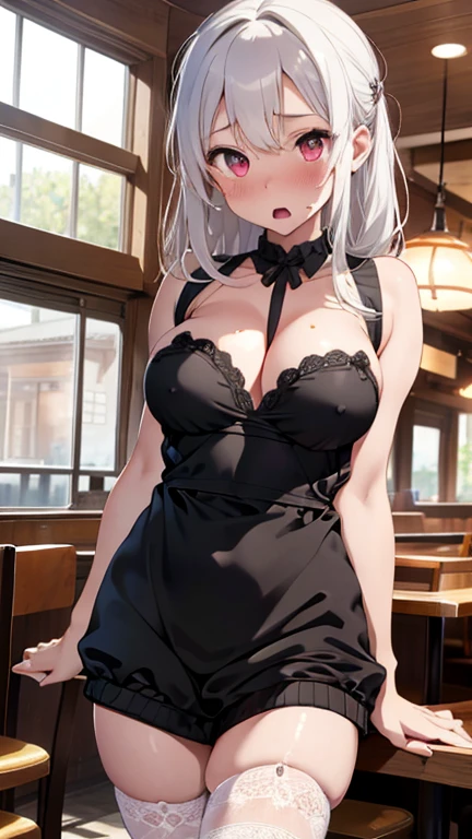 mastute piece,Best Quality,insanely detailed,8k cg,nsfw,
(shoot upper body:1.3),
(1girls:1.3),standing,looking at viewr,body in front,(arms behind back:1.4),(waitress costume:1.4),(bare :1.2),break,
blush,shy,(ecstasy(trembling:1.2),break,(light white hair:1.2),
break,
perfect breasts,perfec,(open mouth:0.9),(large breasts:1.2),
(restau1),