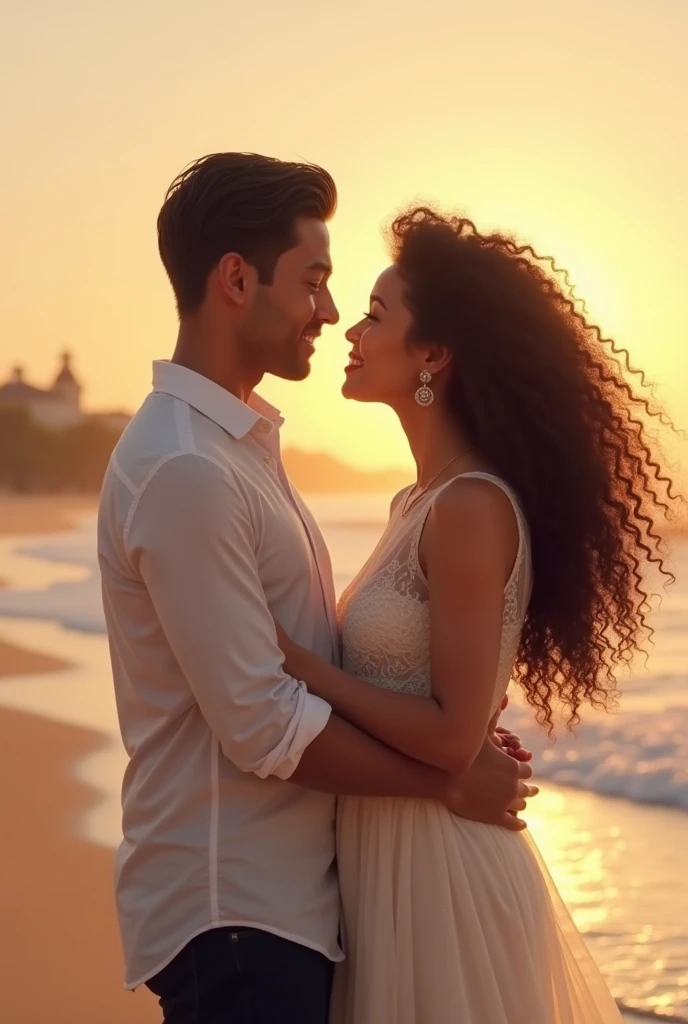 Chubby fair skinned girl chubby dark brown hair long curly and tall slim boy black straight hair light brown skin Newlyweds on the beach
