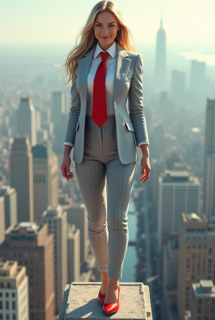 , giga, , (standing on top of a city) in the middle of a city, young adult, curvy, a pair of huge breasts, slim, light grey pinstriped suit,white tailored shirt, (large red tie tied in Windsor knot) Has blonde waist-length hair,Wearing a pair of red platform heels,distance shot, A look of enjoyment, Beautiful appearance, smile, (view from space) giga giantess