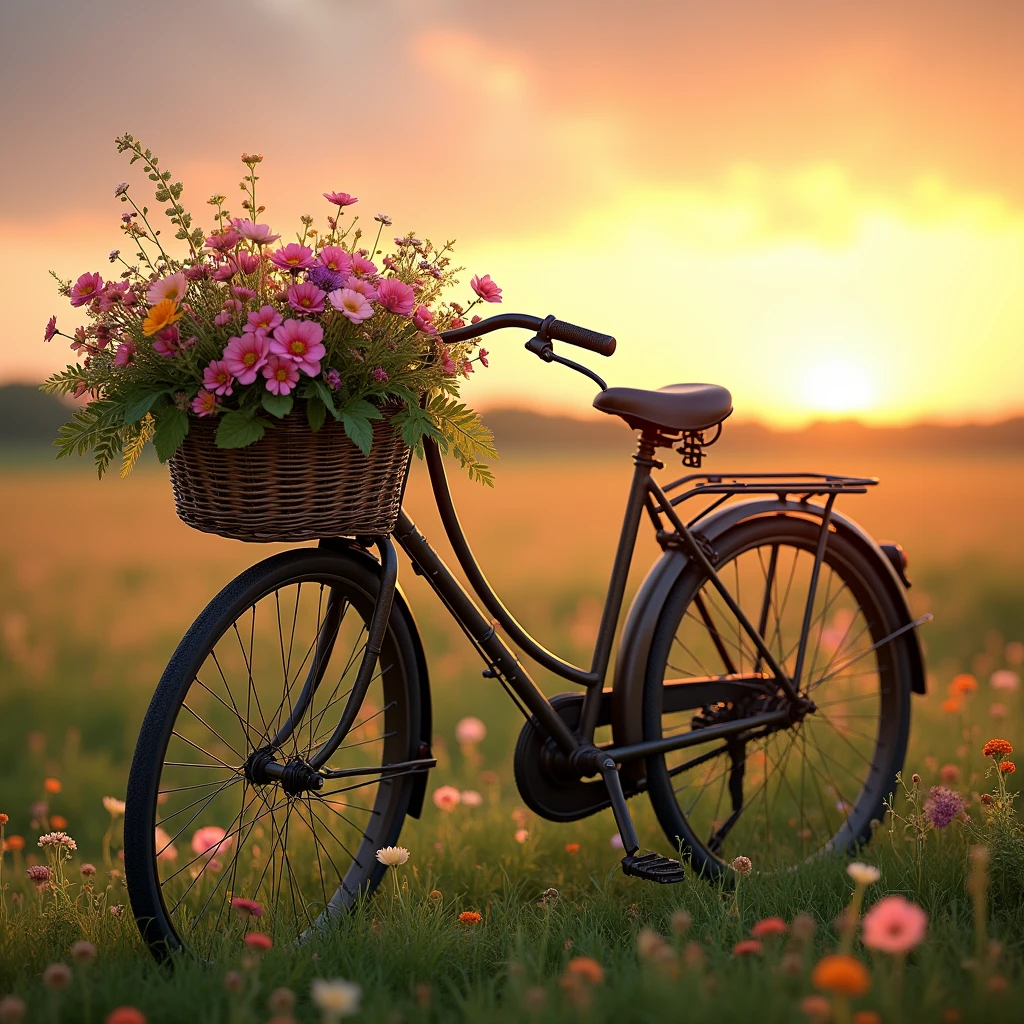 A vintage bicycle with a wicker basket filled with flowers., In the background is a field of flowers at sunset..