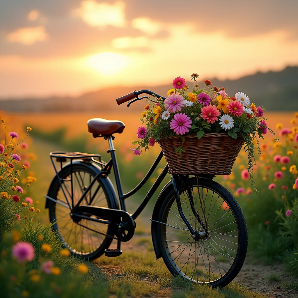 A vintage bicycle with a wicker basket filled with flowers., In the background is a field of flowers at sunset.. 