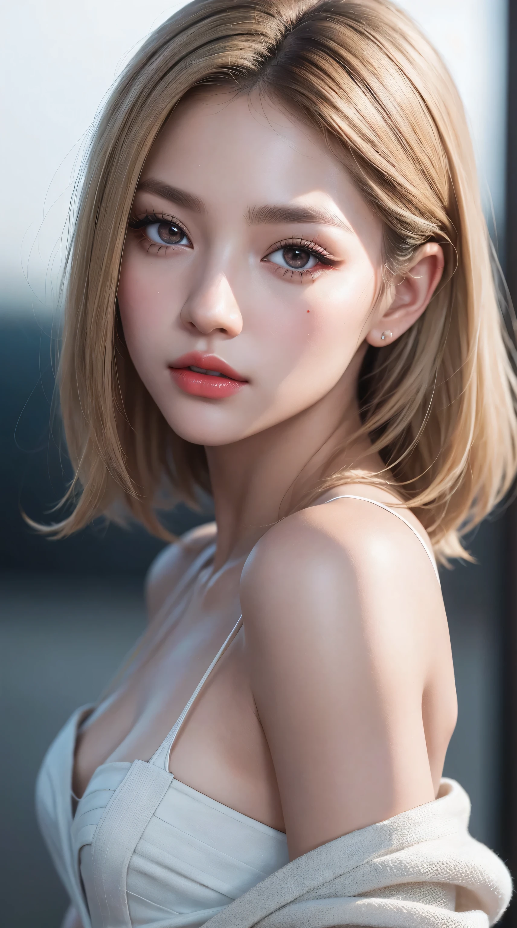 highest quality、ultra high resolution、(photorealistic:1.4)、((full nude))、beautiful eyes、blonde、brown eyes、beautiful breasts、detailed skin、thin pubic hair、NSFW, 8k quality, 8K Ultra, pixel up 10 times、Super detailed cute face、detailed lip、detailed eyes、double eyelid、natural makeup、(kind eyes)、(super cute girl)、perfect balance、small tangled naked short hair、((Black background))、((doing sexual service))