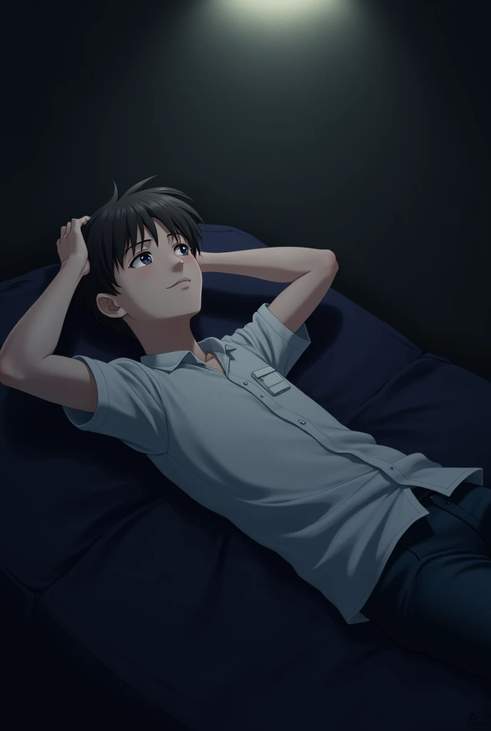 Pensive lying anime boy with both hands behind his head looking at the dark ceiling