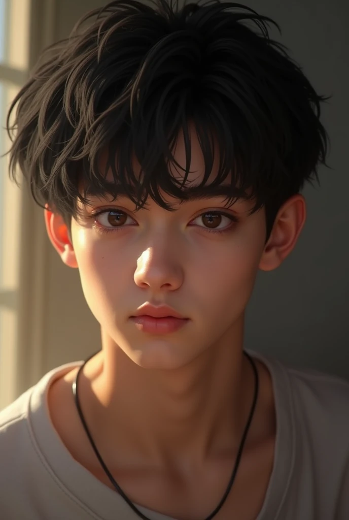 Human. Male, white, black hair, medium thin, black eyes. seventeen years. Boyfriend material