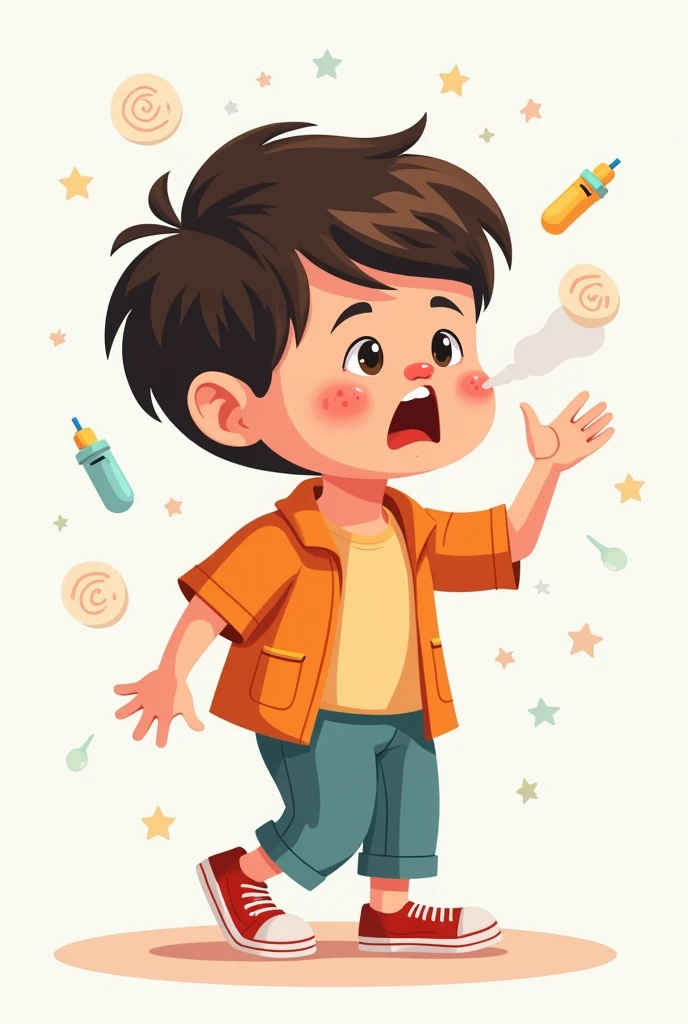 I am looking for an illustration of a student with a cough and snot. Drawing style: Modern and vector, with smooth, clean lines, and vibrant colors. Cartoonish but realistic. Color: Using a palette of bright and contrasting colors that are pleasant and eye-catching. FORMAT: Illustrations arranged in a book or manual style. This illustration is intended for a guidance and training manual, so it must be clear, accessible and visually appealing."
