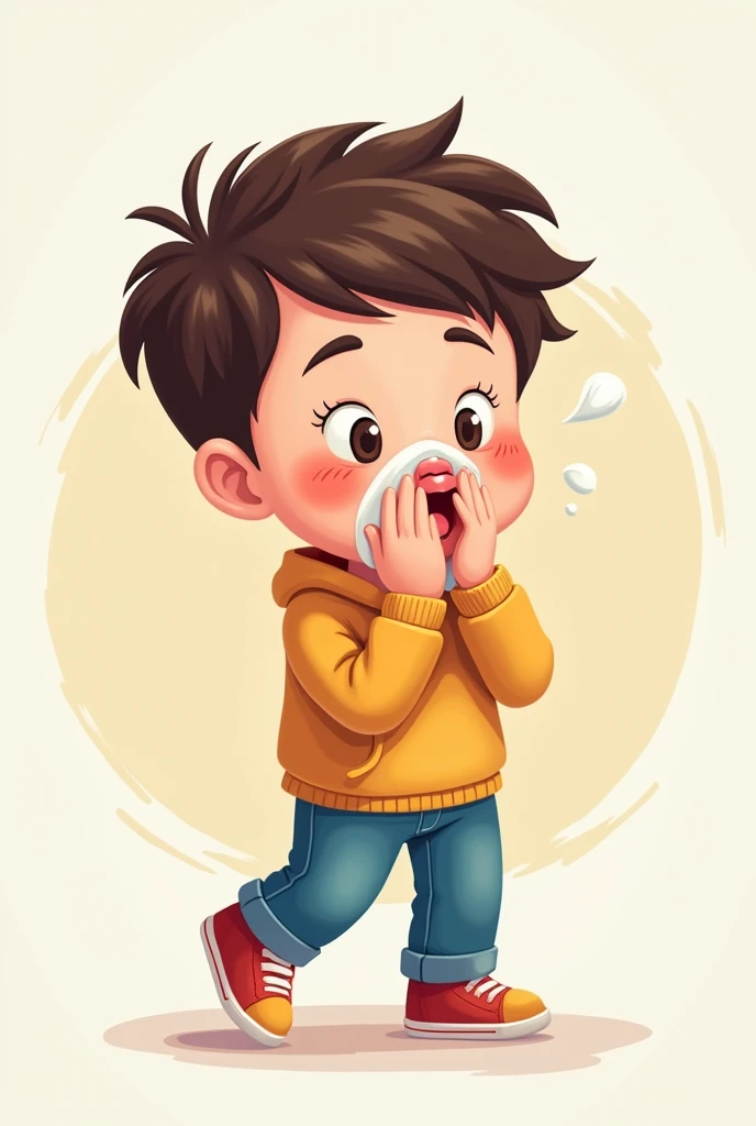 I am looking for an illustration of a student with a cough and snot. Drawing style: Modern and vector, with smooth, clean lines, and vibrant colors. Cartoonish but realistic. Color: Using a palette of bright and contrasting colors that are pleasant and eye-catching. FORMAT: Illustrations arranged in a book or manual style. This illustration is intended for a guidance and training manual, so it must be clear, accessible and visually appealing."