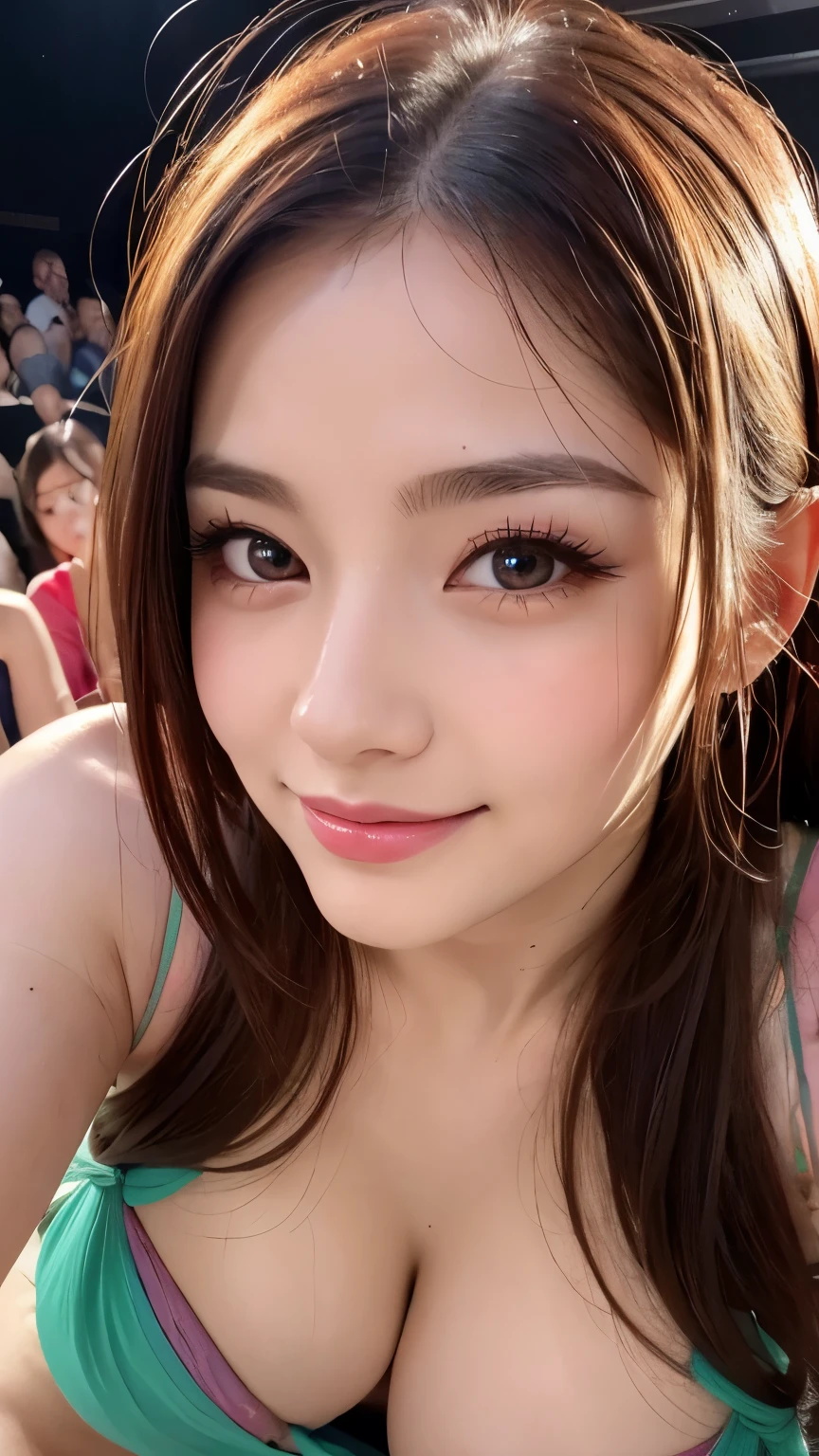 masterpiece, Highest quality, masterpiece, God-like quality, Godly art, Highly detailed face, Very realistic, cute, young, smile, Big eyes, Long eyelashes, Multicolored Hair, Variegated eyes, Glowing Skin, Fuller lips, Big Lips, Glowing Skin, blush, Nice views 4K)Dirty Body Fitness Body Upper Body Sweaty Big Breasts Expose Fluid from nipples Reverse Rape Slimy saliva Urinating Watching the audience Attractive body Muscular lure Sweating Wet body Sweaty Sweaty