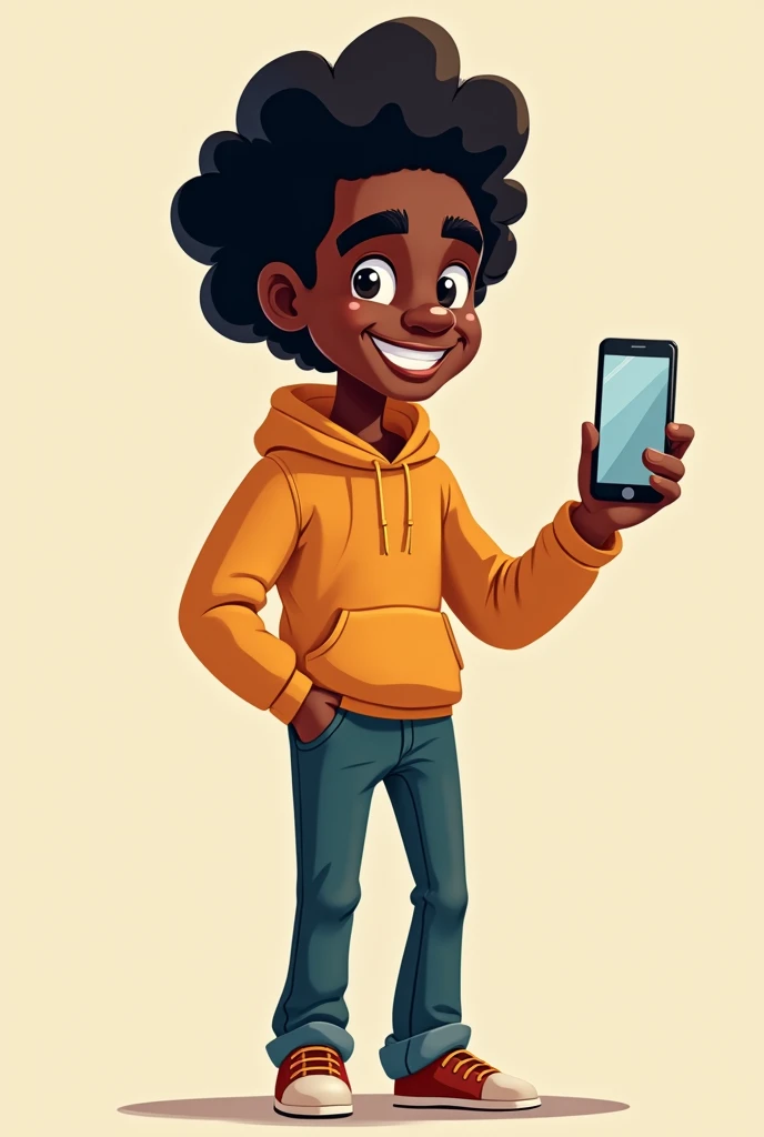 Facebook avatar drawing style of a dark-skinned person holding a cell phone with their hand and arm outstretched