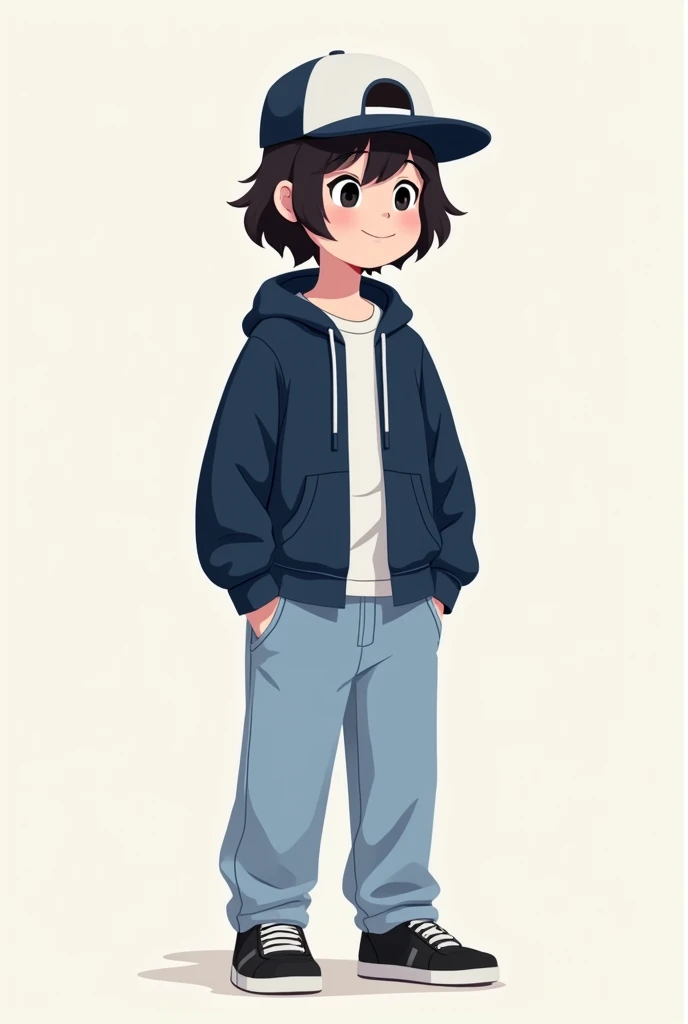 dark blue sweatshirt jacket white shirt black and blank shoes light blue pants dark blue and white cap black eyes cartoon style