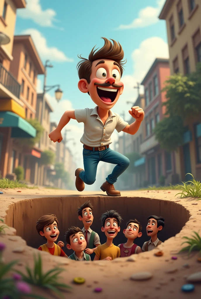 (best quality, masterpiece), (Man, cartoon head, , running, blue jeans, white shirt, mustache, don&#39;t have a beard, short hair, laughing),(karikatur Man berlari, melompati lubang besar yag berisi 5 orang Man, people in the hole looking up), (in the middle of a small town, afternoon)
