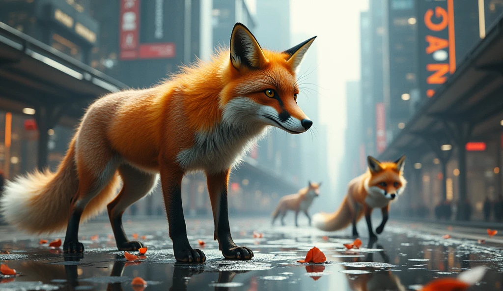 DOMINANT FOXES IN A FUTURISTIC URBAN PLACE