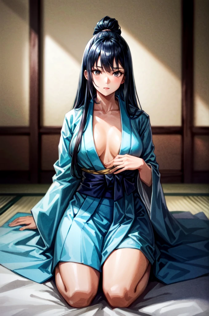 １People Women, Pathological look, Long Hair, Dark Blue Hair, Droopy eyes, White kimono, A kimono adorned with luxurious decorations, attractive, Sitting, seiza, Tight waist, Put your chest close, full body, anime, cinematic lighting, cowboy shot, UHD, retina, masterpiece, accurate, anatomically correct, textured skin, super detail, high details, high quality, award winning, best quality, highres