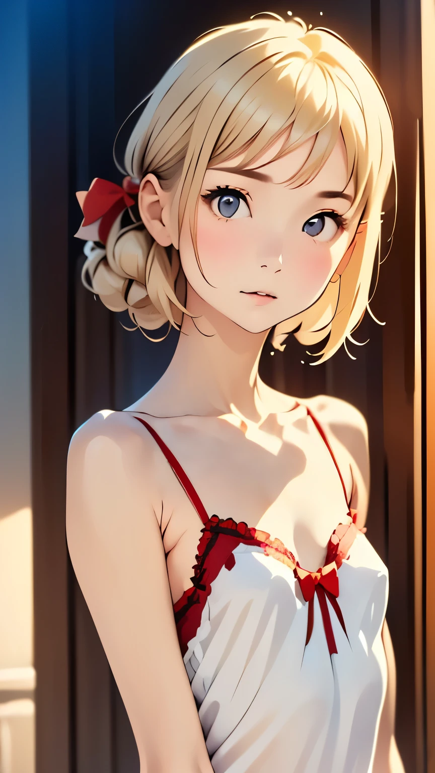 1 person,Beautifully detailed face:1.3、Face close-up:1.6、The whole face fits in the frame:1.6、((She wears a big red bow in her hair like a French doll.......:1.6))、 (((Small breasts:1.7)))、(A sheer camisole with a loose fit around the chest:1.7), ((I&#39;looking forward to it:1.6))、Pink Eyeshadow:1.6、((Looking into the camera:1.3))、Very beautiful Japanese idol portraits, 
(RAW Photos, Highest quality), (Realistic, Realistic:1.4), (masterpiece), 
Very delicate and beautiful, Very detailed, 2k wallpaper, wonderful, finely, Very detailed CG Unity 8K 壁紙, Very detailed, High resolution, Soft Light, 
Beautiful details, Very detailed目と顔, Beautiful and sophisticated nose, Big beautiful eyes, Cinema Lighting, 
(Simple and solid background:1.3),
(Blonde medium hair:1.5), (Parted bangs), 
Complete Anatomy, Slender body,とてもSmall breasts, Sensual look