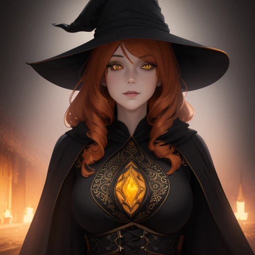 a voluptuous witch woman, orange curly hair, piercing yellow eyes, witch hat, cloak, highly detailed, intricate details, photorealistic, 8k, masterpiece, cinematic lighting, dramatic shadows, moody atmosphere, fantasy art, digital painting, vibrant colors, warm palette