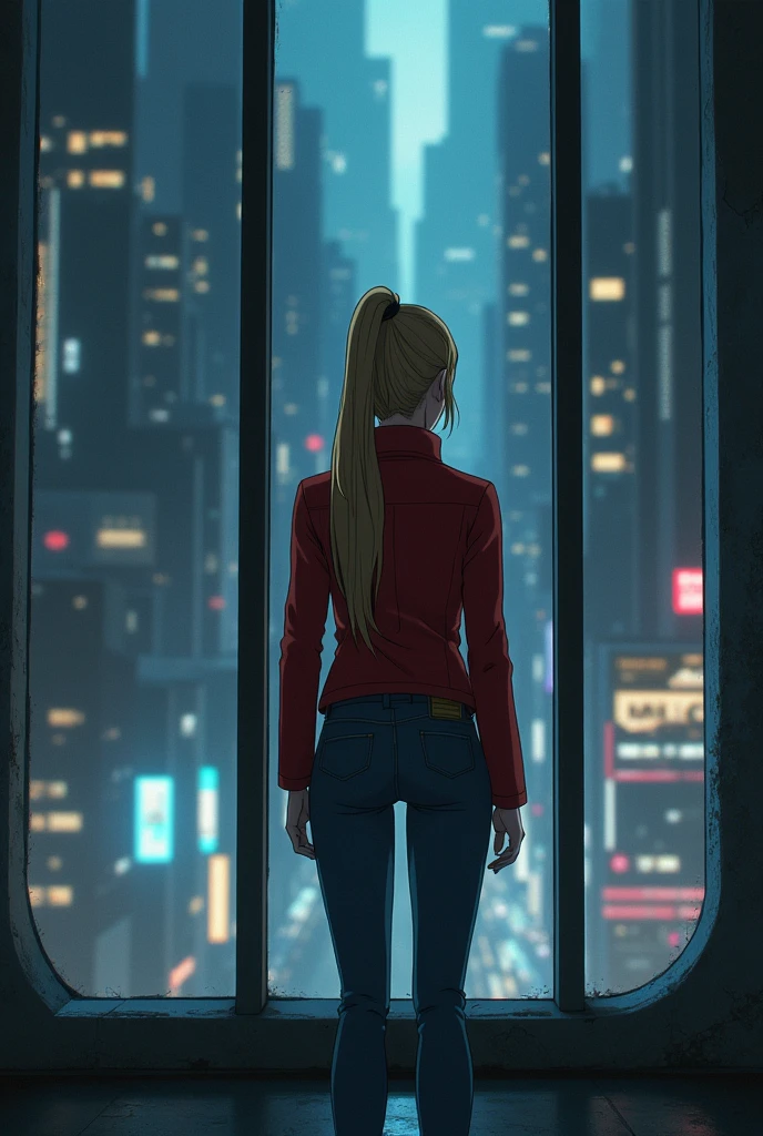 The image is anime style with shadows and dim lights, anime style although somewhat adult and dark, It shows a woman standing looking at a glass wall where the futuristic night city can be seen behind her.. The girl is blonde and has a ponytail hairstyle, She has green eyes and is very beautiful, His face, However, it&#39;s serious. He looks about 2. He wears a red jacket and jeans., has strong legs