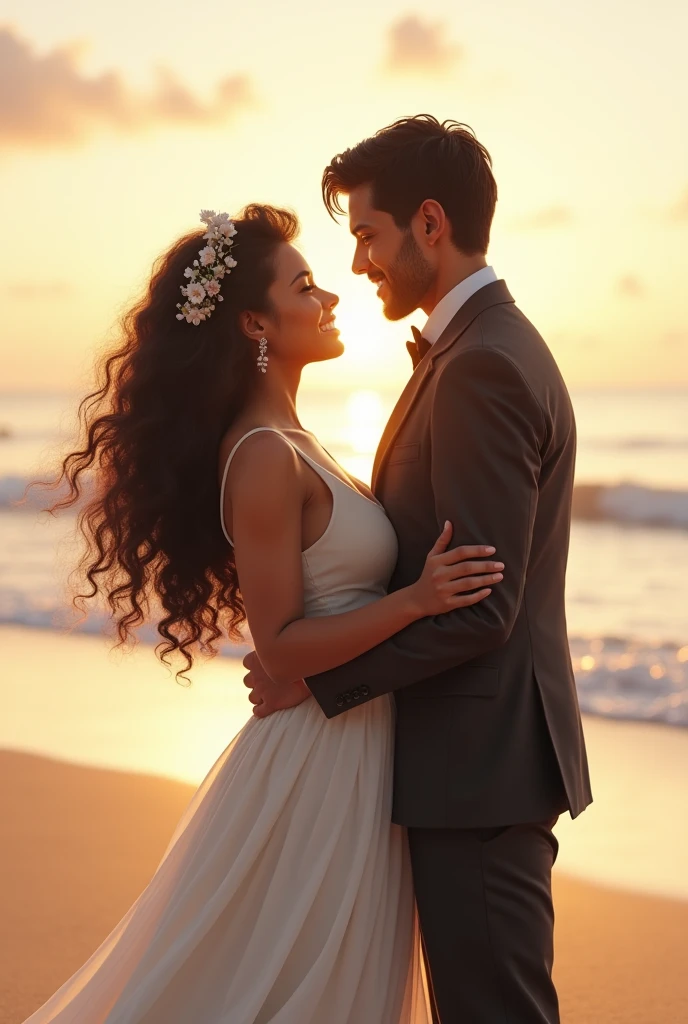 Light skinned curvy chubby girl with long curly dark brown hair and tall slim boy with black straight hair with light brown skin Newlyweds on the beach