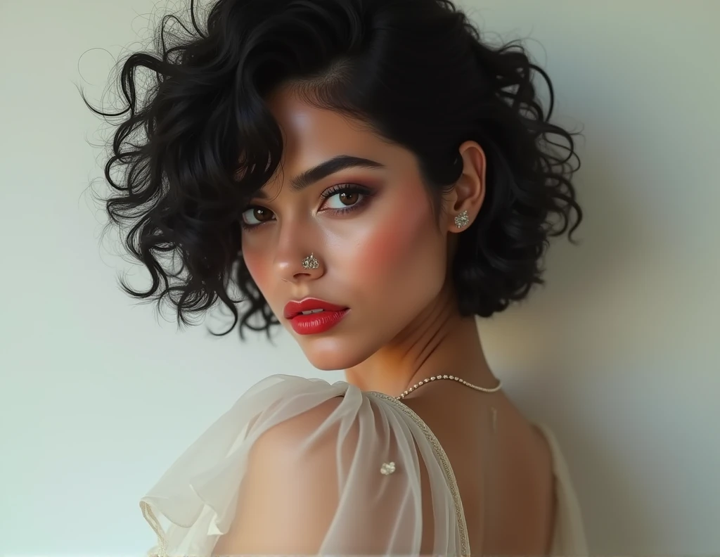 sexy latin white women short churly black hair with a translucir white short dress