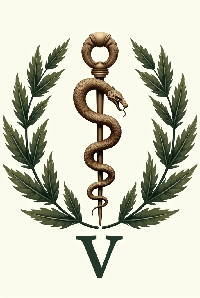 Asclepius: The serpent wrapped around a healing and medicine stick. On the coat of arms of veterinary medicine, a serpente pode aparecer em volta da letra V
Ramos de oak tree e bay leaves: These branches usually surround the main symbol., representing strength (oak tree) and victory (bay leaves).
With the letter V at the bottom.