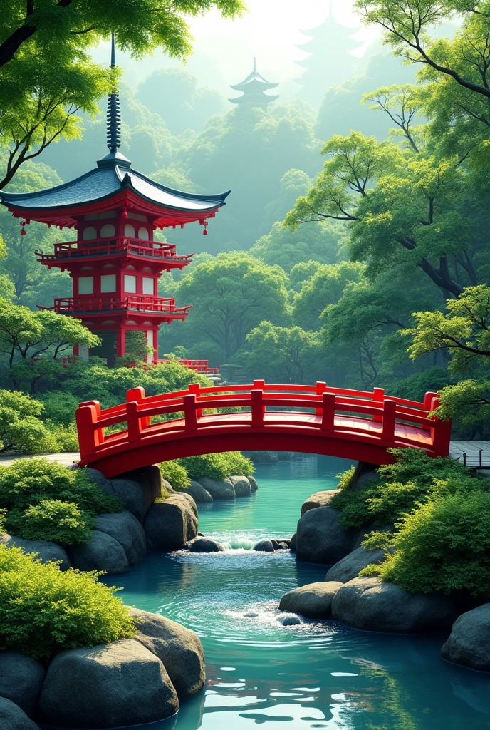 Front on view of japanese garden with pagoda in red and red bridge over a stream lots of green plants
