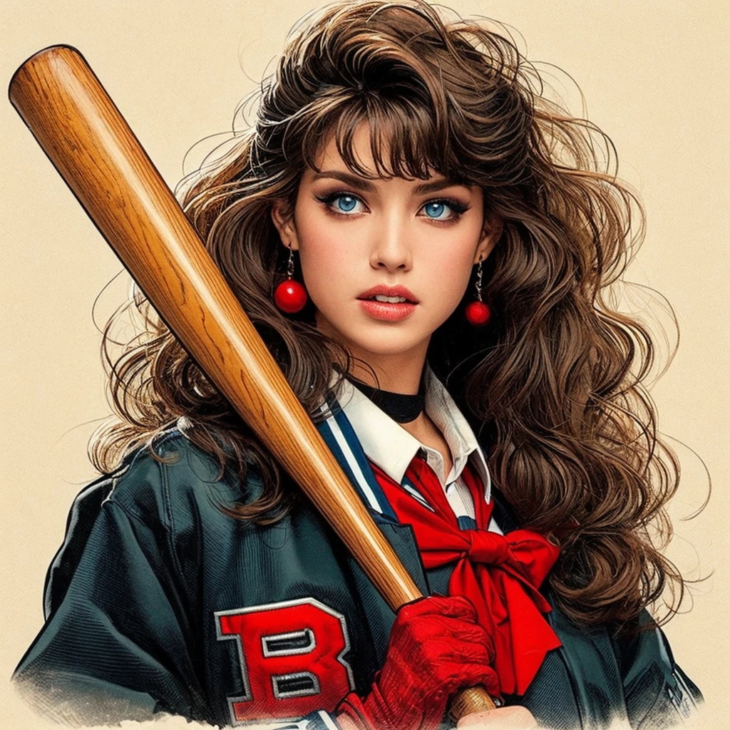 Woman with light brown hair, holding a baseball bat, blue colored eyes, black and red school uniform, 80s style