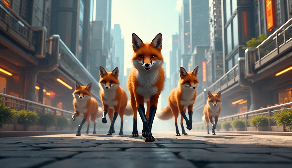 DOMINANT FOXES IN A FUTURISTIC URBAN PLACE