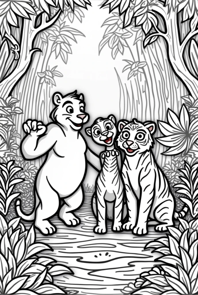 Create me a coloring page of the characters from the jungle book