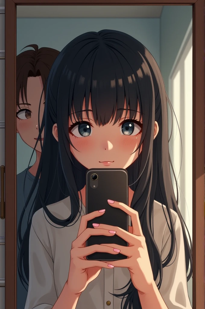 Girl taking a photo with her cell phone in front of the mirror with black hair, dark eyes, pretty face and with her brother 