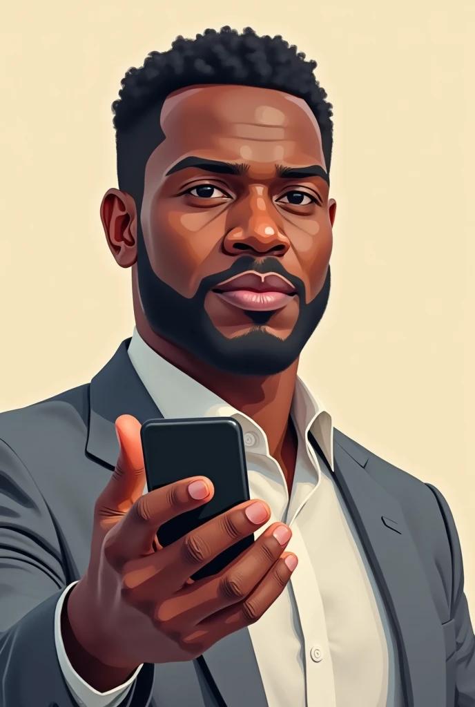 Facebook avatar drawing style of a 40 year old dark skinned person holding a cell phone with his hand and arm outstretched
