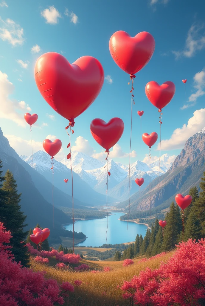 Hearts in the shape of balloons in a Bariloche landscape that says at the bottom August 24, 2024 in the shape of balloons