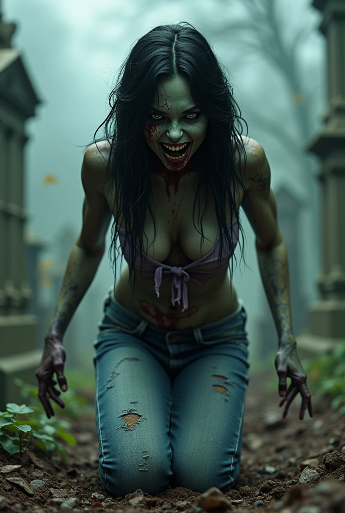 Extreme close-up of a beautiful long black haired woman She Hulk zombie on her knees screaming in a suit (((White and purple top))) jeans torn because of his muscular face and full body with olive green skin completely rotten(((Zombie eyes))),(((rotten face))),(((The Walking dead))),(((Eating brains))),(((Zombie eyes))),(((cursed cemetery))),(((Thick arms and legs due to their musculature)))