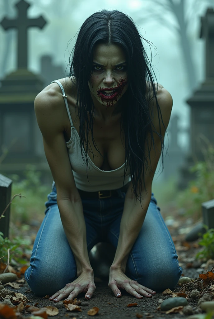 (((From very close-up a beautiful woman (((muscular time grande))),(((Skin completely olive green in color)))long black hair She Hulk zombie on knees screaming costume (((White and purple top))) jeans torn because of his musculature, face and body completely olive-green complexion, totally rotten(((Zombie eyes))),(((rotten face))),(((The Walking dead))),(((Eating brains))),(((Zombie eyes))),(((cursed cemetery))),(((Arms and legs with muscles)))thick for their (((muscular time)))