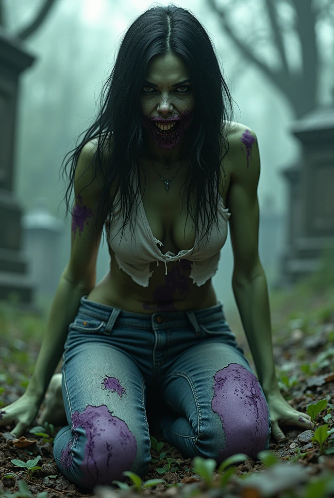 A dead Nude female zombie, rotten, vagina, huge breasts, dead, sexy, teen