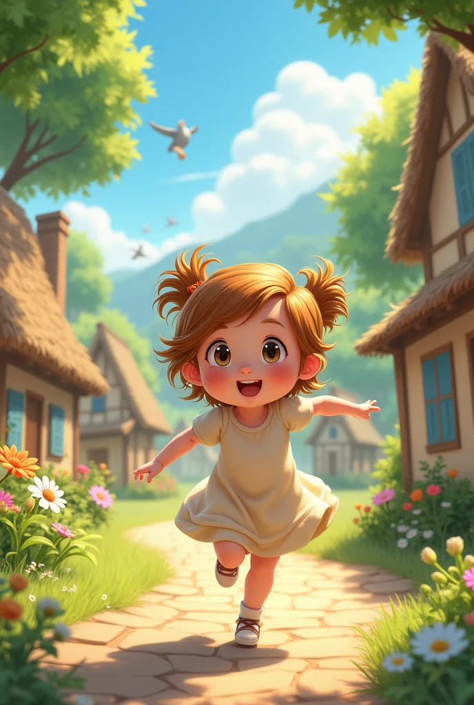 a cute small girl running on a beautiful natural village