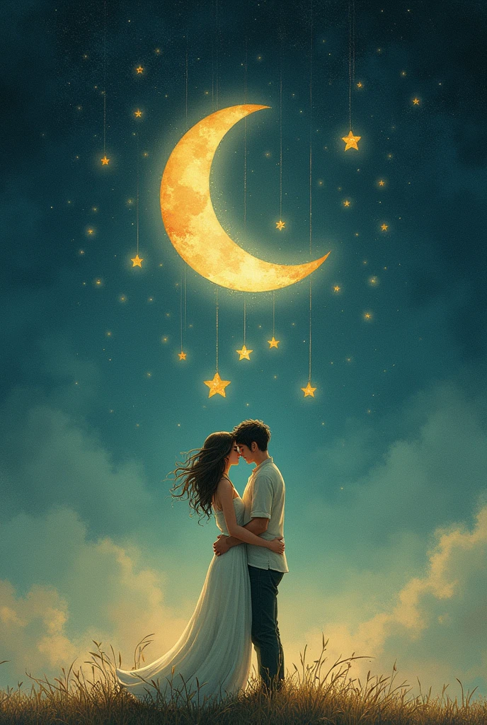 Make a drawing that represents this poem Under the Moon and the Star The moon hung from your neck,
and my star shone at his side,
Although now nostalgia intoxicates me,
I still love you under the same sky.