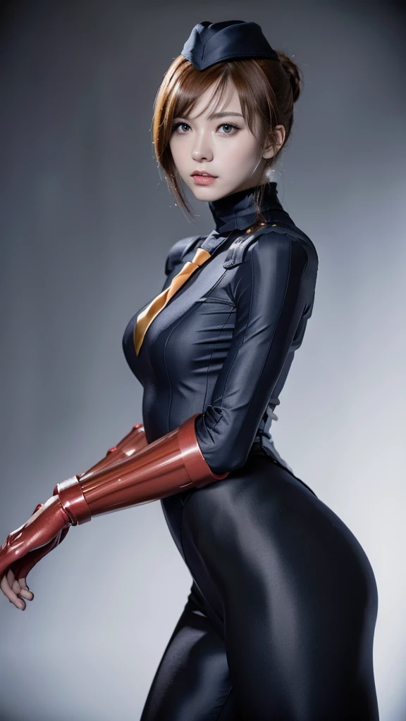 masterpiece, Highest quality,  8k,masterpiece, Highest quality, Very detailed,Iris, Brown Hair,sfJuni, orange hair, short hair, Blue eyes, hat, necktie, gloves, ribbed bodysuit, Large Breasts,  Emotionless, View your viewers,  ((Wide-angle lens)),（Japanese）,（fighting pose）,Spectacular and realistic,（ager:1.5）, （ Accurate eye focus, Accurate limbs）,(Surrealism),8k,masterpiece, Highest quality, Very detailed,（Real Pantyhose:1.2）,Slender body,Bodyline,（Wearing riding boots）,（White Background:1.2）,
Super tight costume,bangs、
(Highest quality:1.3),
RAW Photos,,
High resolution, 
Perfect detail, 
Professional photography, 
Professional Lighting,
Powerful lighting for costumes,attractive whole body image、Cinema Lighting、Ray Tracing、Wear a tight-fitting bodysuit、Simple background old、Spandex Bodysuit、whole body、Spandex Costume,Clothes with a shiny texture,