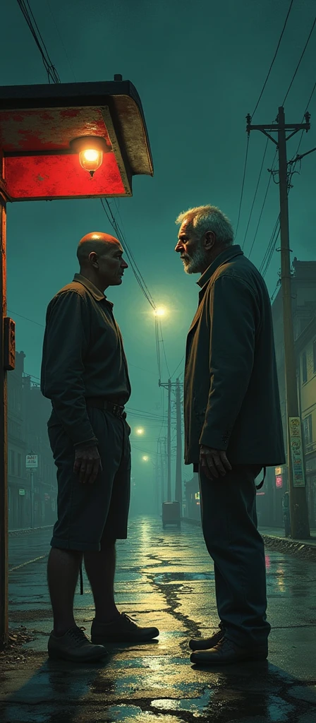 Create vintage poster style art, old movie posters, for the horror story, The Man at the Bus Stop, by the author Thiago Lopes, which tells the story of a bitter, bald bar owner who meets a naked old man at night and discovers that this man is waiting for the bus that will take him to hell