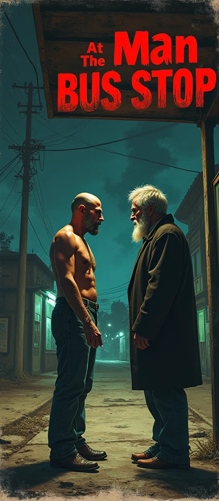 Create vintage poster style art, old movie posters, for the horror story, The Man at the Bus Stop, by the author Thiago Lopes, which tells the story of a bitter, bald bar owner who meets a  old man at night and discovers that this man is waiting for the bus that will take him to hell