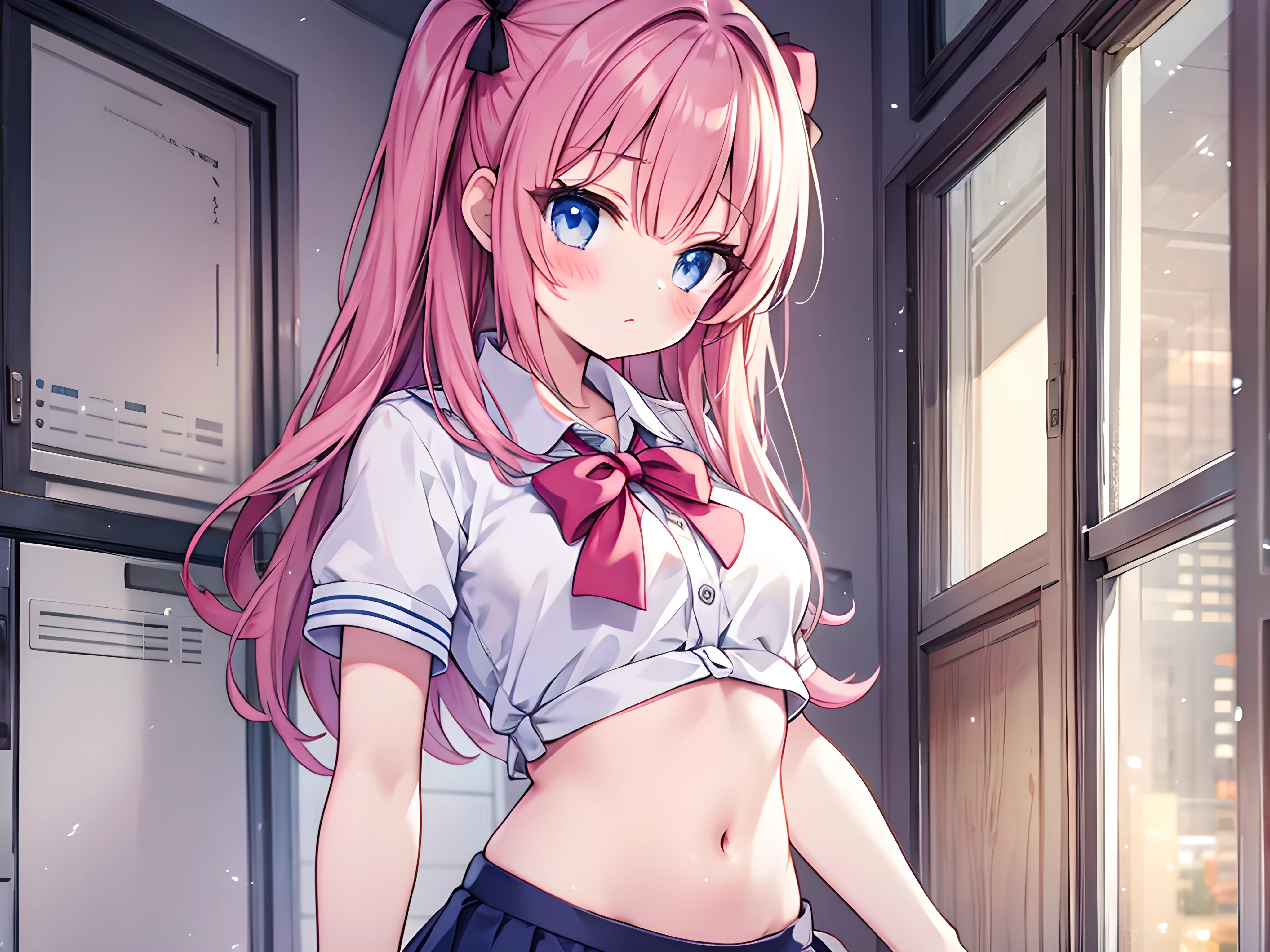 1girl,beautiful detailed gradient eyes, kawaii, dynamic lighting, school uniform, undressing, pink bra and panties, skirt pull, blush, solo,perfect anatomy,